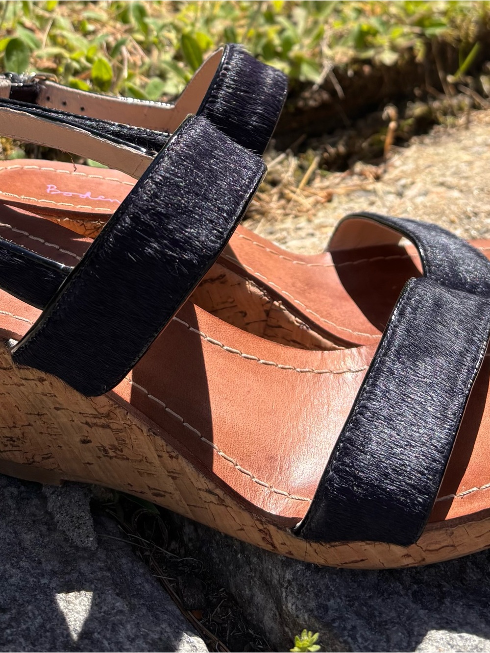 Navy Haircalf Cork Wedge Sandals Size 7.5